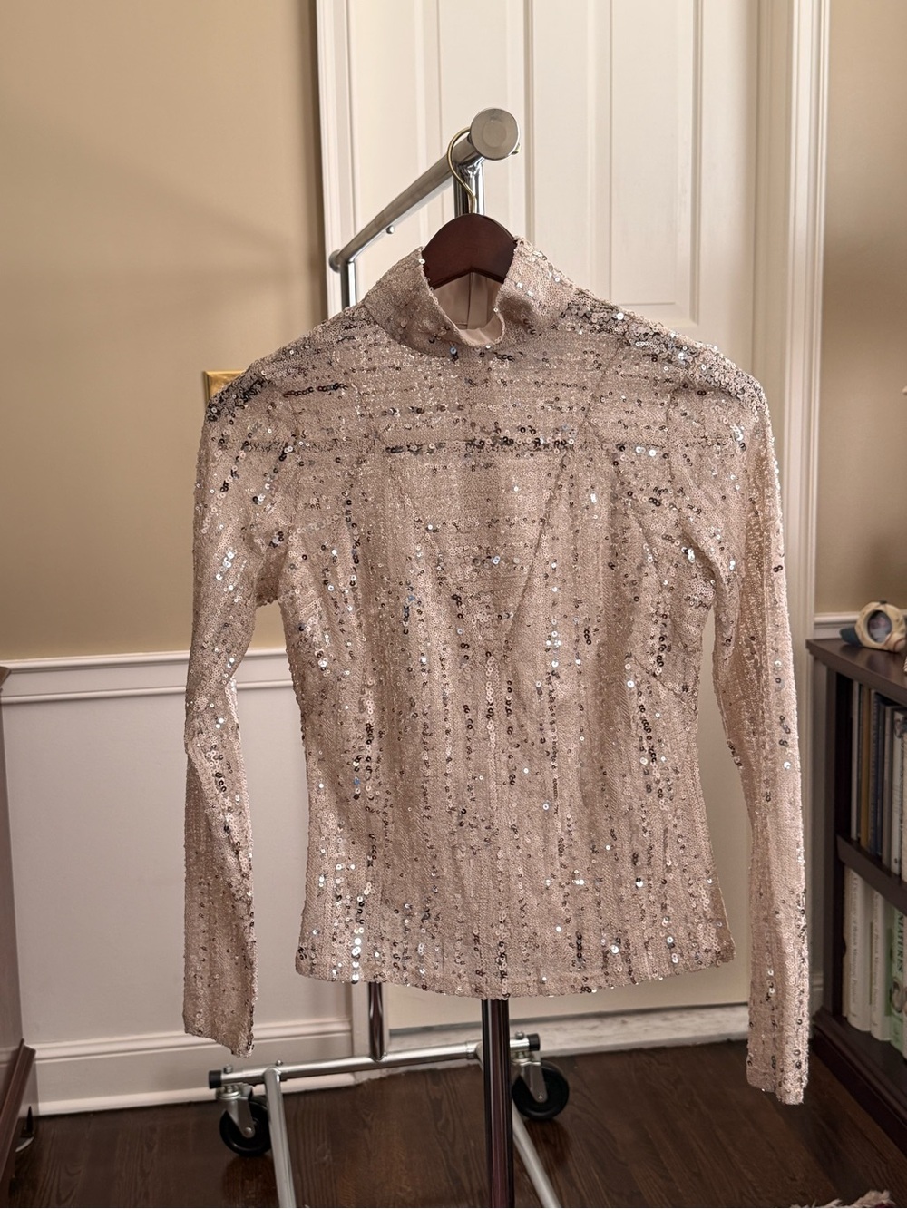Aknvas Champagne Sequin High-Neck Long Sleeve Top